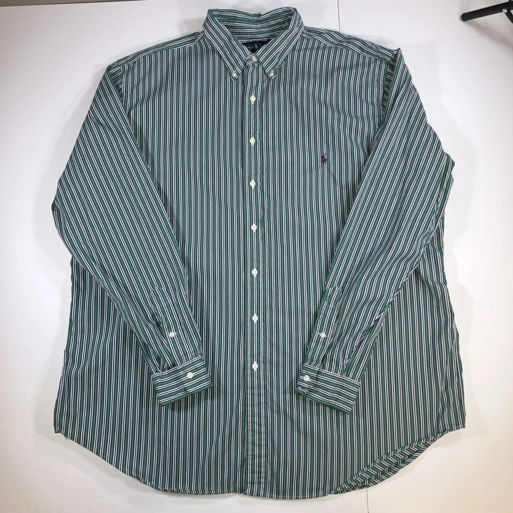 Polo Ralph Lauren Shirt Mens 2XLT Green Purple Striped Button Down Classic‎ Fit